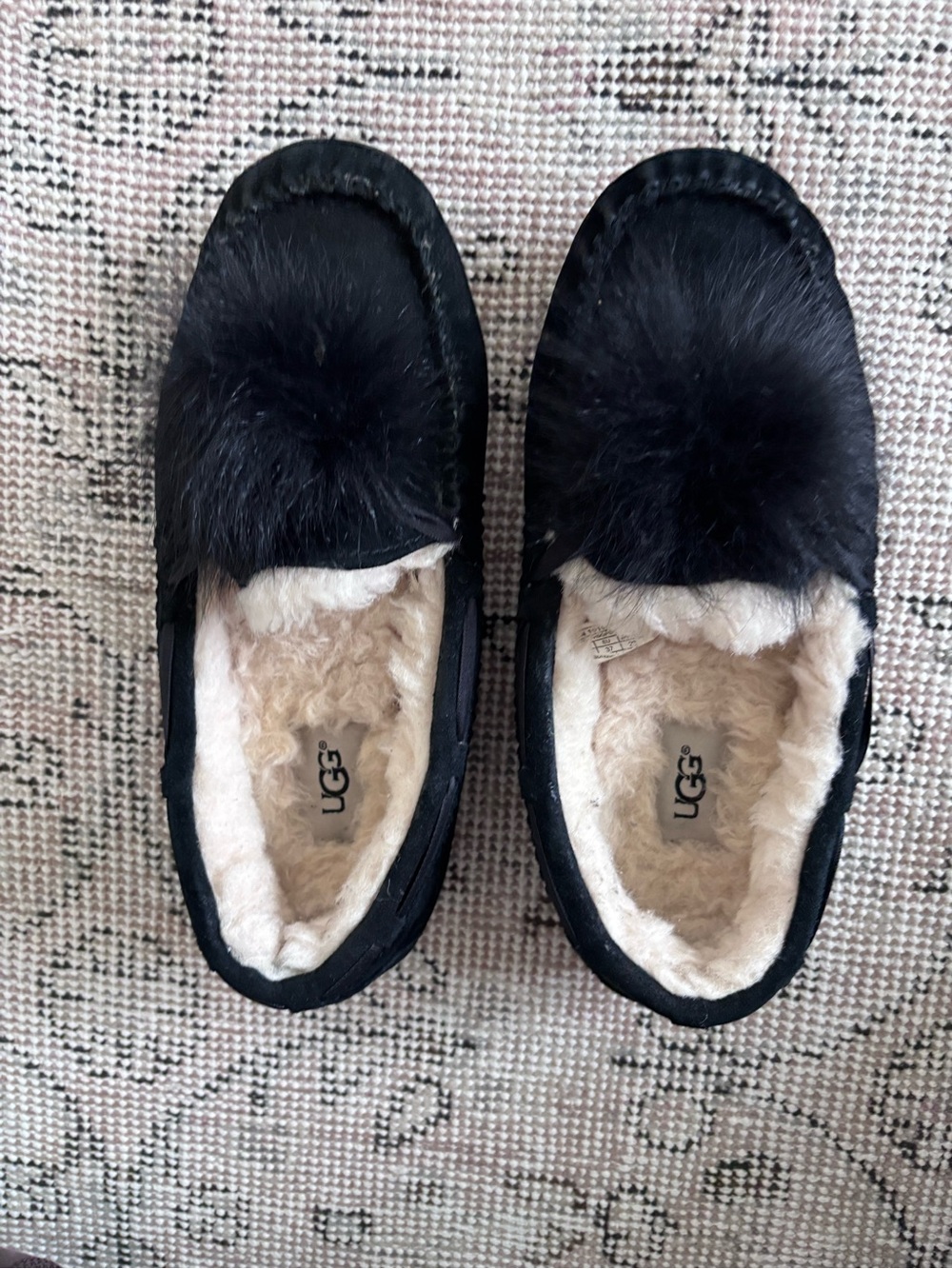 UGG slippers black suede fur pom pom